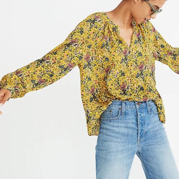 Madewell Karen Walker 100% Silk Bohemian Yellow Floral Print Blouse Size XS Boho - Picture 16 of 16